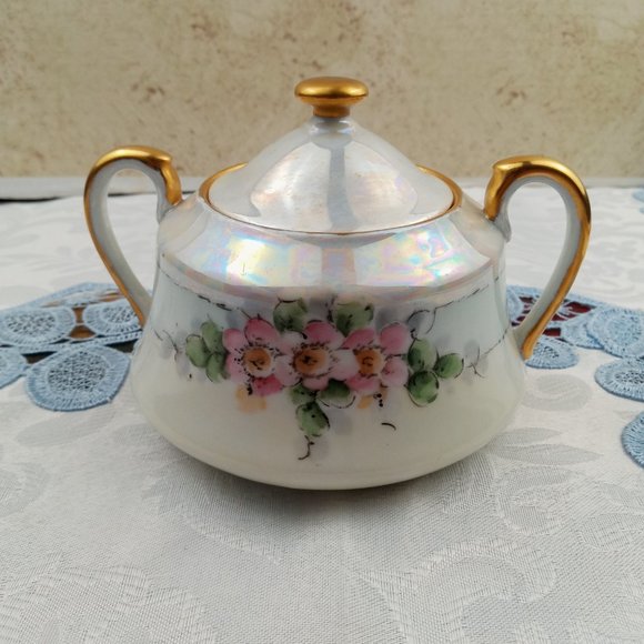 Vintage TK Czechoslovakia Sugar Bowl Hand Painted Pink Floral Design Gold Trim - Picture 2 of 8